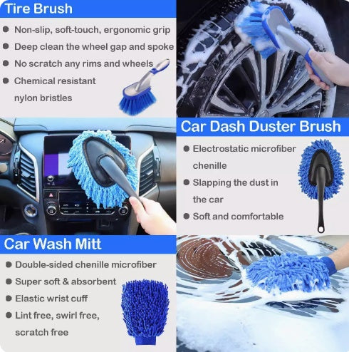 Kit brosses nettoyage automobile multi-surfaces jantes carrosserie intérieur
