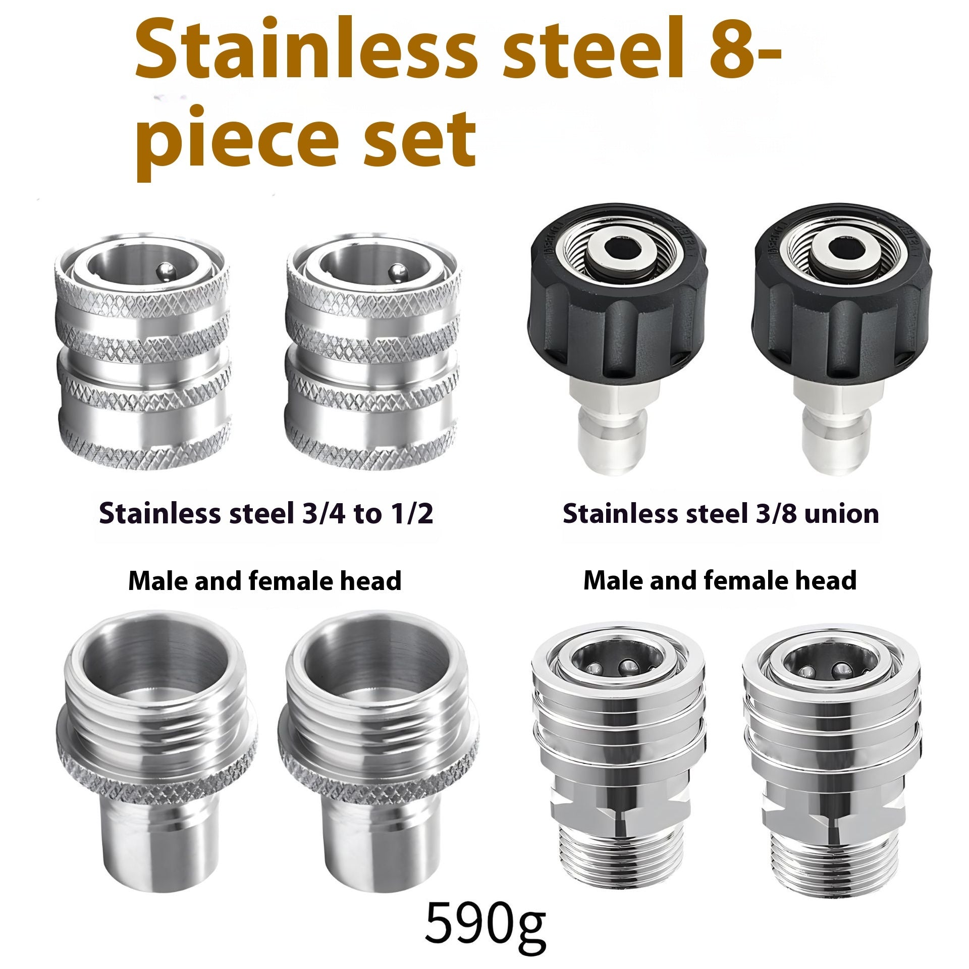 Raccords rapides inox lavage automobile lot 8 pièces 1/2 1/4 3/4 pouces
